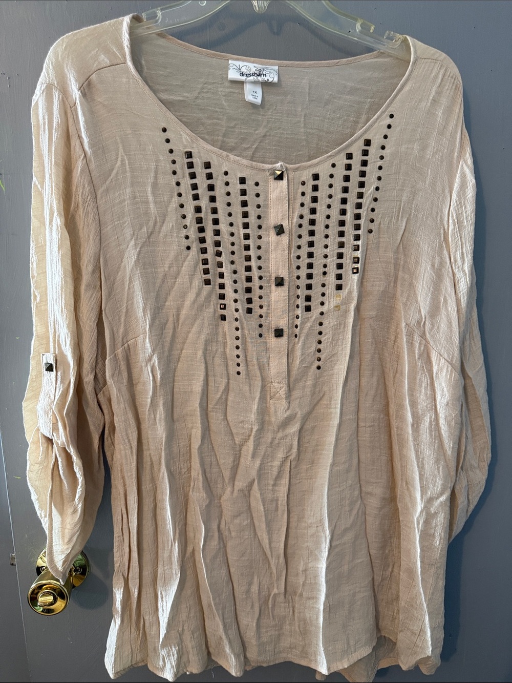 dressbarn Cream Studded Scoop-Neck Tunic